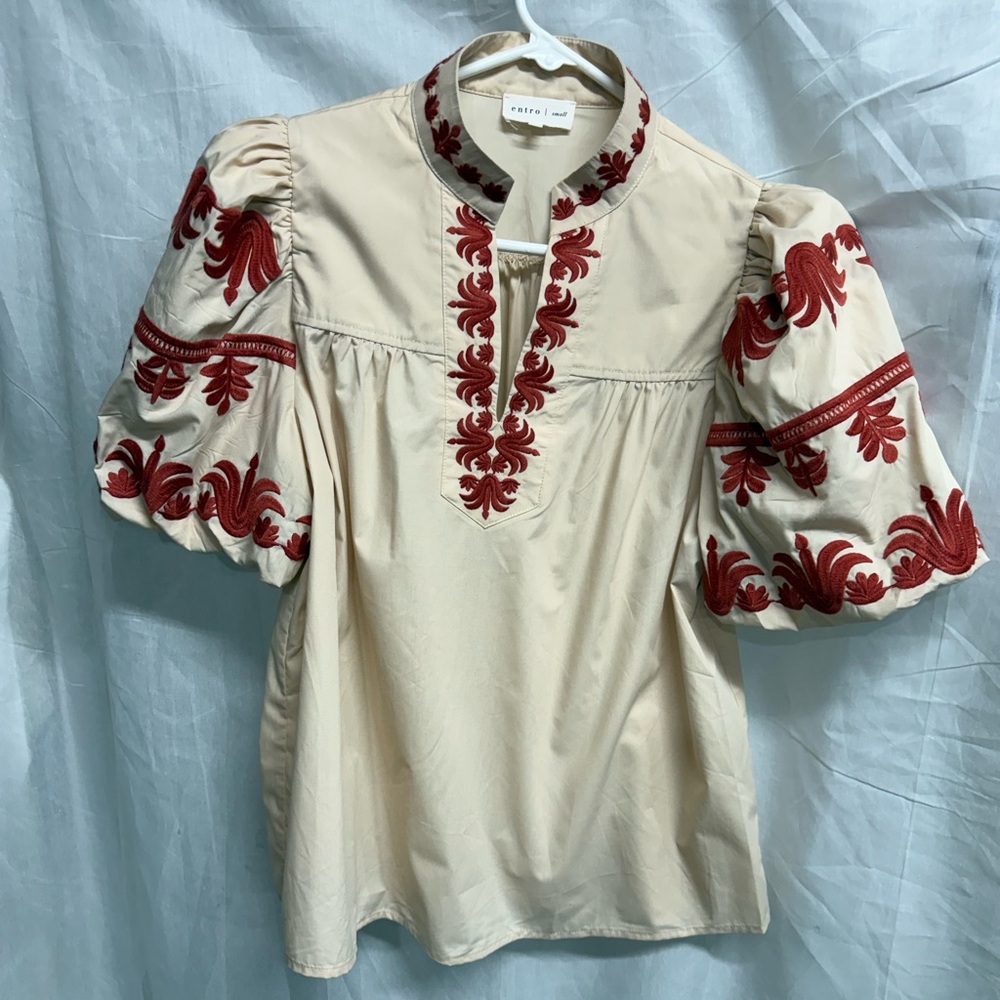 ENTRO Cream Blouse with Beautiful Rust Embroidery and V-Neck